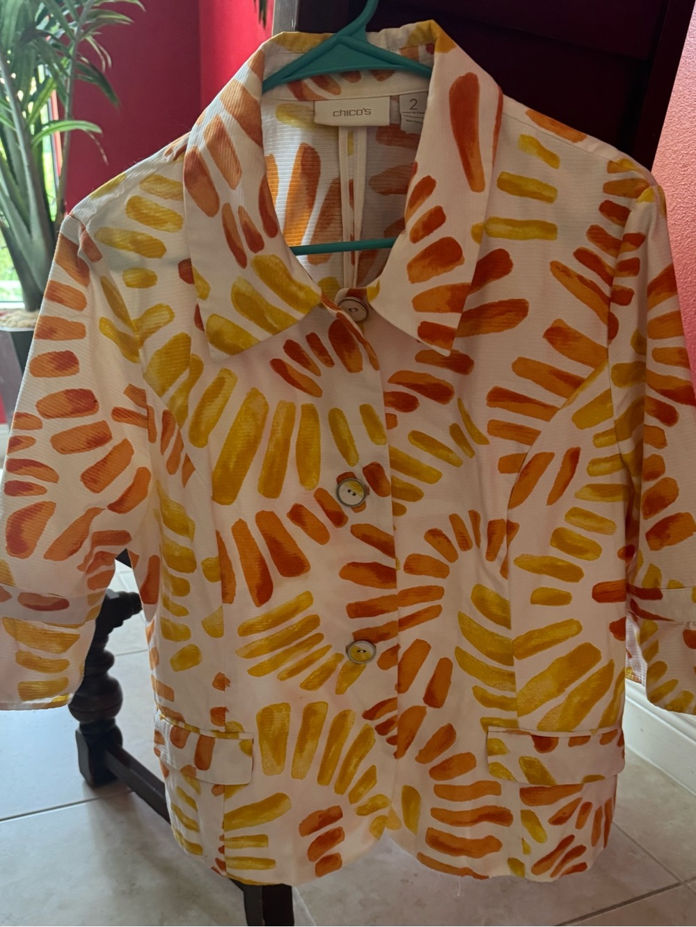 Chico's White Blazer with Yellow & Orange Brushstroke Print